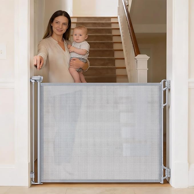 SPACEANY Retractable Baby Gate for Stairs & Doorways - 55" Wide Portable Safety Gate | Fits Baseboards, Easy to Use Indoor/Outdoor | Mesh Gate for Dogs, Puppies, Gray