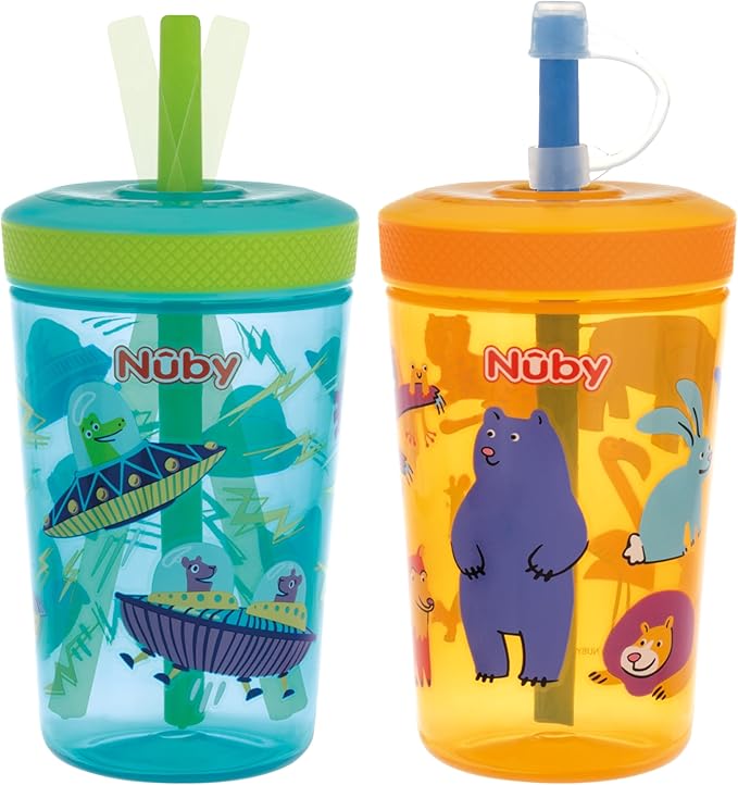 Nuby Thirsty Kids Super Sipper No-Spill Toddler Cup with 360° Silicone Valve & Swivel Straw - (2 Pack) 14 oz - Leak-Resistant with Easy Clean Design - Animals & Space