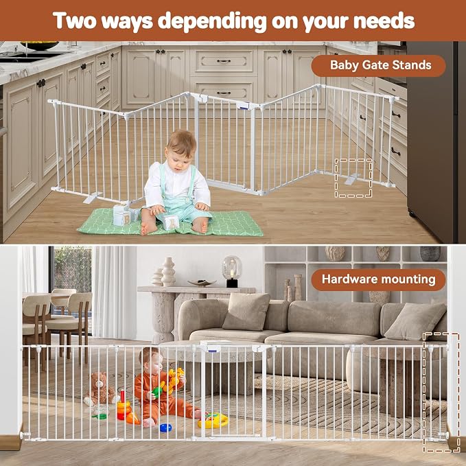 Kfvigoho Baby Gate 27.5"-129" Extra-Wide Playpen, Play Yard Child Safety Fence, Dog Gate with Auto-Close Door, Double Locking System for Fireplace, Foldable 5 Steel Panels, White