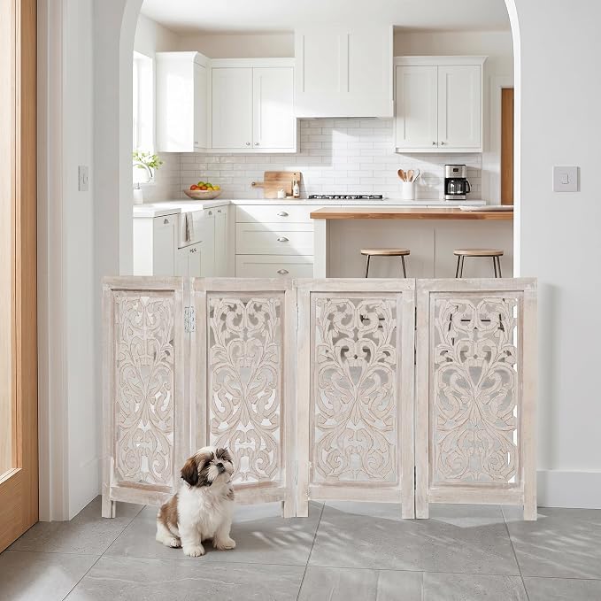 Decorative Wooden Pet Gate, Dog Fence, Cat Gate, Foldable, Adjustable, Portable, Extra-Wide, Wooden Dog Barrier, Free-Standing Puppy Gate 4 Panels for Indoor, Doorways, Stairs-26x52 Inch White Wash