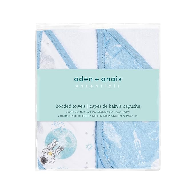 aden + anais Essentials Hooded Baby Bath Towel, Super Soft 100% Cotton, 2 Pack, Space Explorers