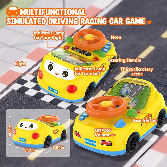Toys for 1 Year Old Boy Gifts - 2-in-1 Toddler Push Car & Musical Racing Adventure Steering Wheel Driving Game, Interactive Simulated Driving Car for Baby 12-18 Months, Birthday Gift Ages 1-2, Yellow