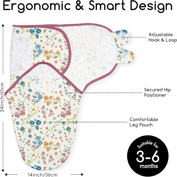 Baby Swaddles for Newborn Organic Cotton,Soft & Snug Newborn Velcro Swaddle 3-6 Months Sleep Sack Helps Calm Startle Reflex, 2-Pack Wrap Nursery Swaddling Blankets Country Floral