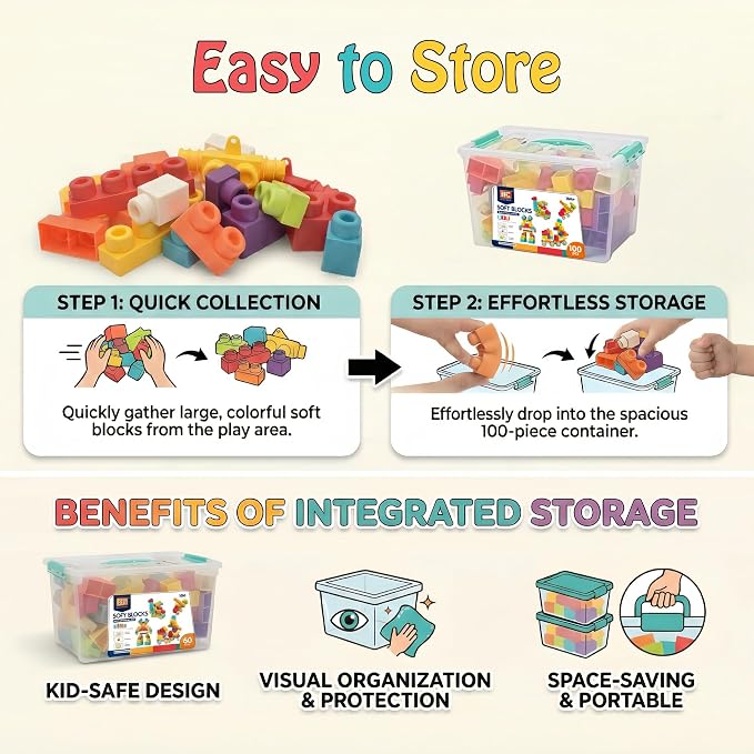 100 PCS Soft Building Blocks for Toddlers Aged 2 3 4 5 6 Years Old, Large Blocks with Storage Box - STEM Preschool Toy for Early Childhood Education, Birthday Gift for Boys Girls
