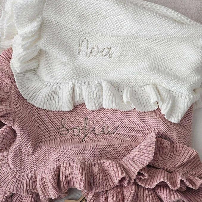 Embroidery Name Knit Baby Blanket, 30x40in Personalized Baby Blanket for Newborn Girl and Boy, Custom Knit Baby Boy Blanket with Embroidery, Newborn Boy Girl Soft Cotton Knit Blanket (Green)