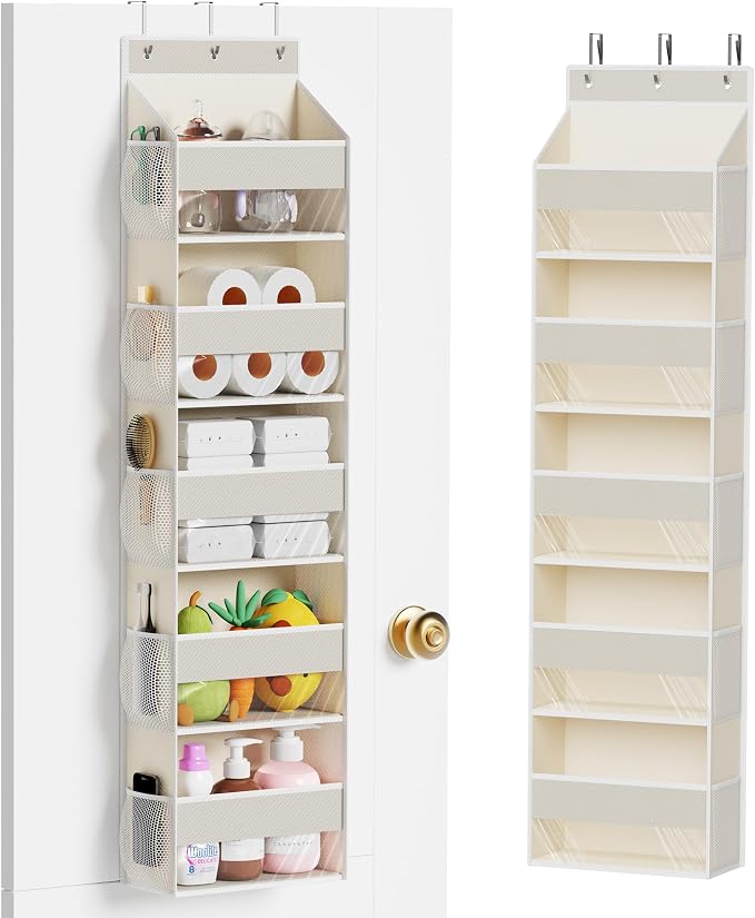 MAX Houser 5-Shelf Over The Door Hanging Organizer with 3 Metal Hooks, 5 Pocket Swing-Proof Behind Door Organizers with Clear Windows for Nursery Bathroom Closet,Dorm,Baby Diapers (Beige)