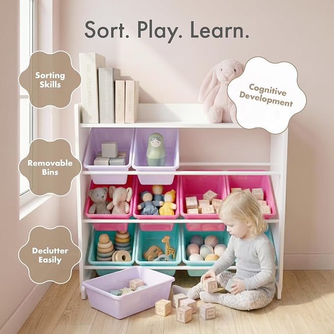 Humble Crew Toy Storage Organizer with 9 Removable Storage Bins for Kids Playroom, 3-Tier with Top Shelf Toddler Toy Organization, White/Pink/Purple/Aqua