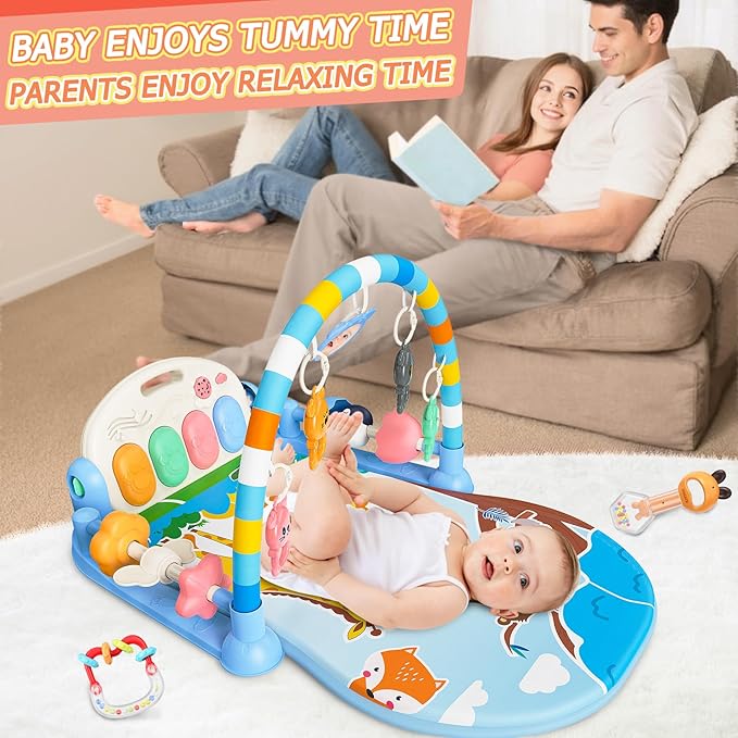 Baby Play Mat with Kick and Play Piano Gym, Funny Tummy Time Mat with Music and Lights, Baby Gyms & Playmats with 5 Infant Sensory Toys, Newborn Boy & Girl Gifts Months (Blue)