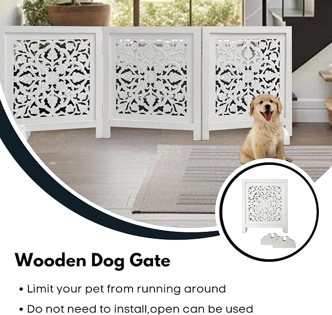 Free Standing Dog Gate for Doorway, Hallway, or Stairs – 60x24 Inch 3 Panel Folding Wooden Pet Gate, Decorative Lucy Design Dog Fence, White Antique Finish