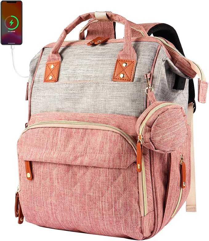 MosaiRudo Diaper Bag Backpack Baby Bag,Waterproof, Travel Diaper Bags with Pacifier Case for Baby Girl Boy Backpack for Women (Pink-Gray)