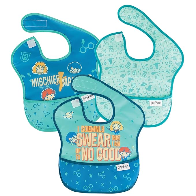 Bumkins Bibs for Girl or Boy, SuperBib Baby and Toddler for 6-24 Months, Essential Must Have for Eating, Feeding, Baby Led Weaning, Mess Saving Waterproof Soft Fabric, 3-pk Harry Potter Mischief