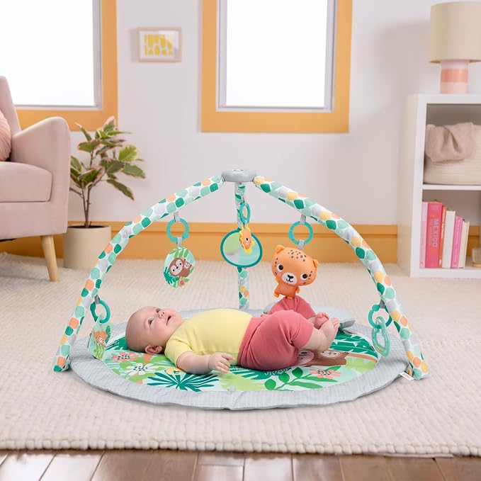 Bright Starts Wild Rainforest Foldaway Activity Gym with Carry Bag for Storage & Travel, Blue Green Jungle Play Gym, Newborns & Up