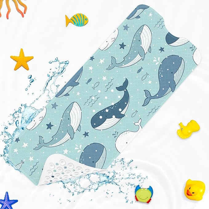 Whale Ocean Bathtub Shower Mat Cute Star Non-Slip Tub Extra Long Bath Floor 40X16 Inch Machine Washable for Bathroom Tub Bath Mat for Toddler and Baby