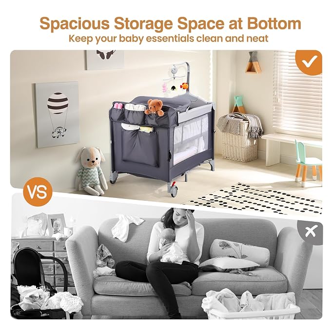 JOYMOR 5-in-1 Pack and Play with Bassinet and Changing Table, Lightweight Travel Crib, Foldable Baby Playard, Waterproof Changing Top, Carry Bag & Wheels