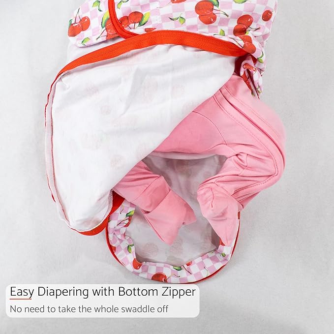 LollyBanks Baby Swaddles, 100% Cotton Baby Girl Sleep Swaddle, 0-3 Months Swaddle Sack for Girls with Easy Change Zipper, Newborn Sleep Swaddles Nursery Swaddling Blankets (Cherry Print)