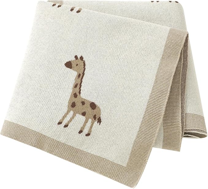 Opewod Soft Cotton Knit Baby Blanket with Cute Deer Print 40x30in Newborn Receiving Blanket Swaddle Cuddle Blanket for Crib, Stroller, or Nursery for Infants & Toddlers White
