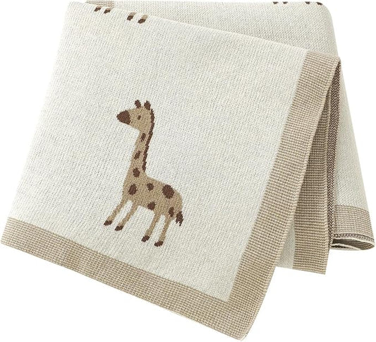Opewod Soft Cotton Knit Baby Blanket with Cute Deer Print 40x30in Newborn Receiving Blanket Swaddle Cuddle Blanket for Crib, Stroller, or Nursery for Infants & Toddlers White