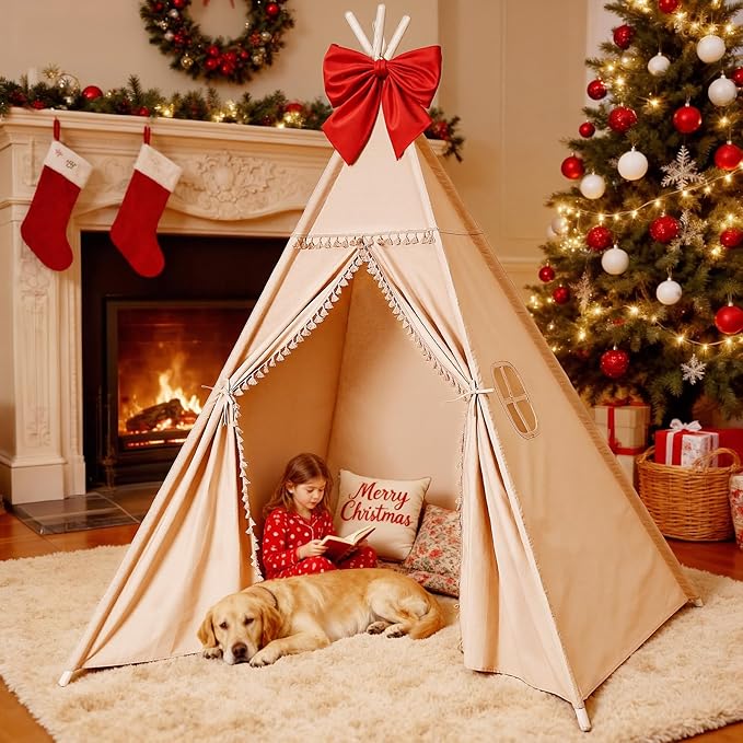 Sumbababy Large Teepee Tent for Adults & Kids, Cotton Canvas Foldable Indoor Tent for Toddlers, Sleepover Gift Toy for Girls & Boys, Washable Slumber Party Tent for Party Decor, Khaki