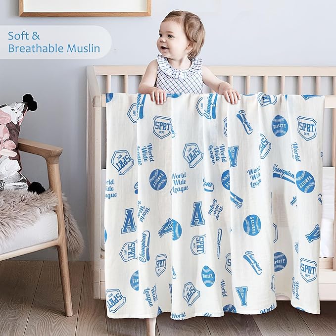 Muslin Swaddle Blankets for Newborn, Large 47"x47" Soft Breathable Bamboo Cotton Baby Blanket, Lightweight Receiving Blanket for Boys and Girls, Classic Baseball