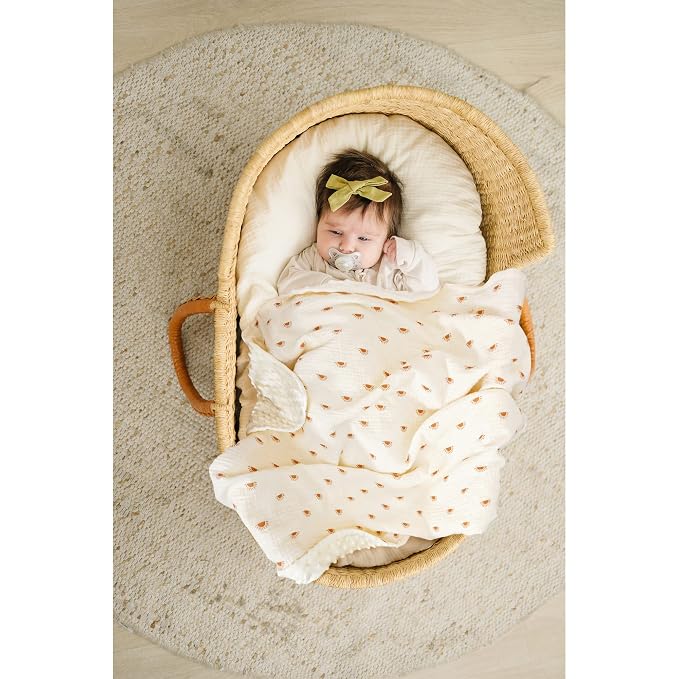Konssy Baby Blankets for Unisex Boys Girls, Super Soft Nursery Minky Blankets with Muslin Cotton Front and Dotted Fleece Backing, Printed Bed Throws Newborn