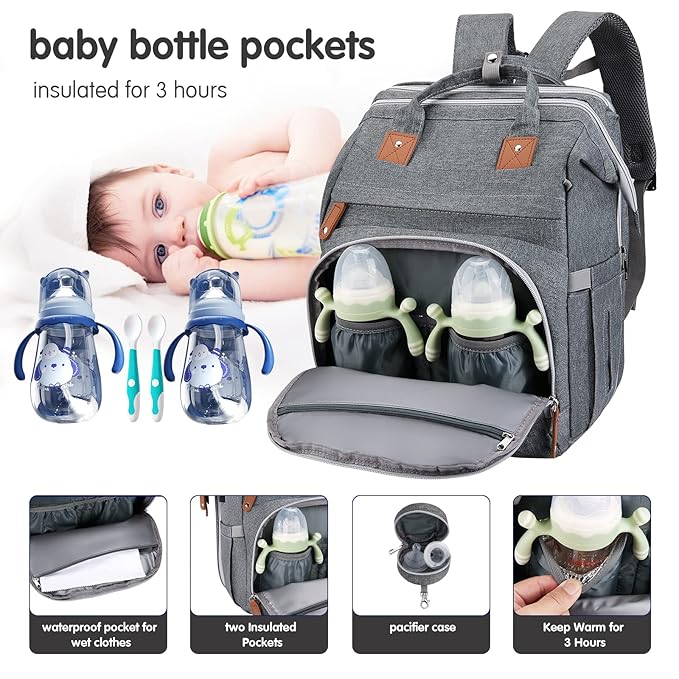 DERJUNSTAR Diaper Bag Backpack ??Large Capacity Baby Diaper Bag with Changing Pad, Waterproof Travel Backpack for Boys & Girls, Multi-Function Baby Bag with USB Charging Port, Grey