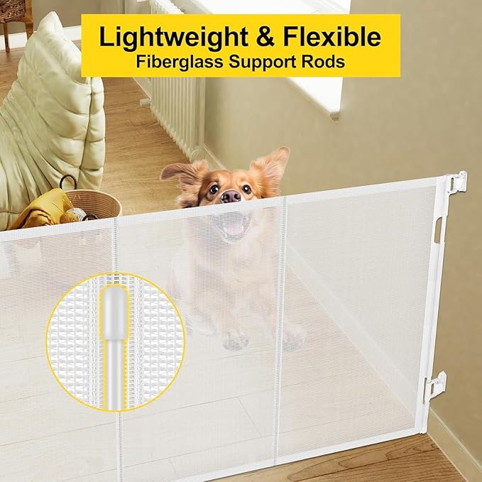 Reinforced 42??Extra Tall Retractable Dog Gate for Doorways, Extends up to 60??Wide, Mesh Baby Gate, Tall Baby Gates with Rods to Prevent Crawling Through Retractable Pet Gate Indoor Outdoor, White