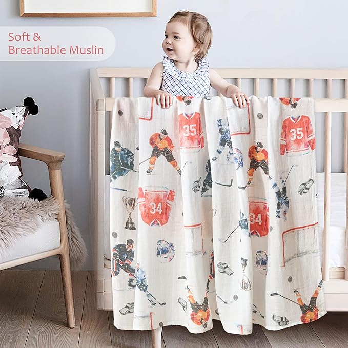 Muslin Swaddle Blankets for Newborn, Large 47"x47" Soft Breathable Bamboo Cotton Baby Blanket, Lightweight Receiving Blanket for Boys and Girls, Hockey Match