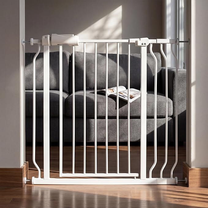 Auto Close Baby & Dog Gate 34-38.5 Inch, Tension Safety Gate Indoor, White Metal, Walk-Through Child Gate for Kids & Pets
