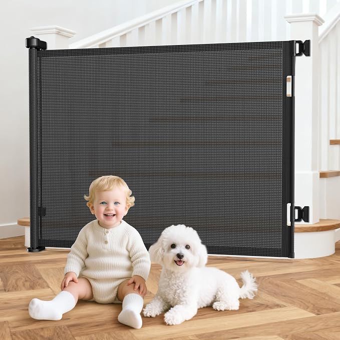55 Inch Retractable Baby Gates Extra Wide, 41 Inch Reinforced Extra Tall Gate Mesh Safety Gate for Kids Pets, Retractable Dog Gate Baby Retractable Gate for Stair Hallway Doorway Indoor Outdoor, Black