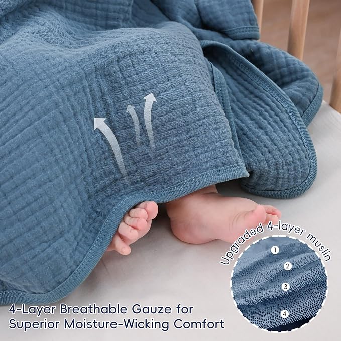 PHF Baby Muslin Swaddle Blanket, 100% Cotton Soft Breathable Receiving Blankets for Boys and Girls, 4-Layer Swaddle Wrap Burping Clothes, Baby Essentials, Large 47 x 47 inches, Prussian Blue