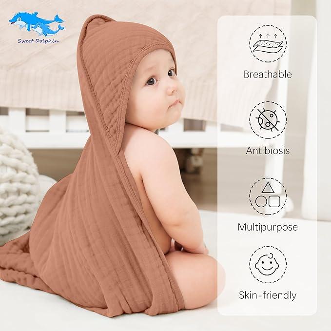 SWEET DOLPHIN Muslin Hooded Baby Bath Towels - 2 Pack 100% Cotton Towel for Babies, Infants, Toddlers - 32x32Inch - Highly Absorbent and Newborn Essential, Light Bean Paste