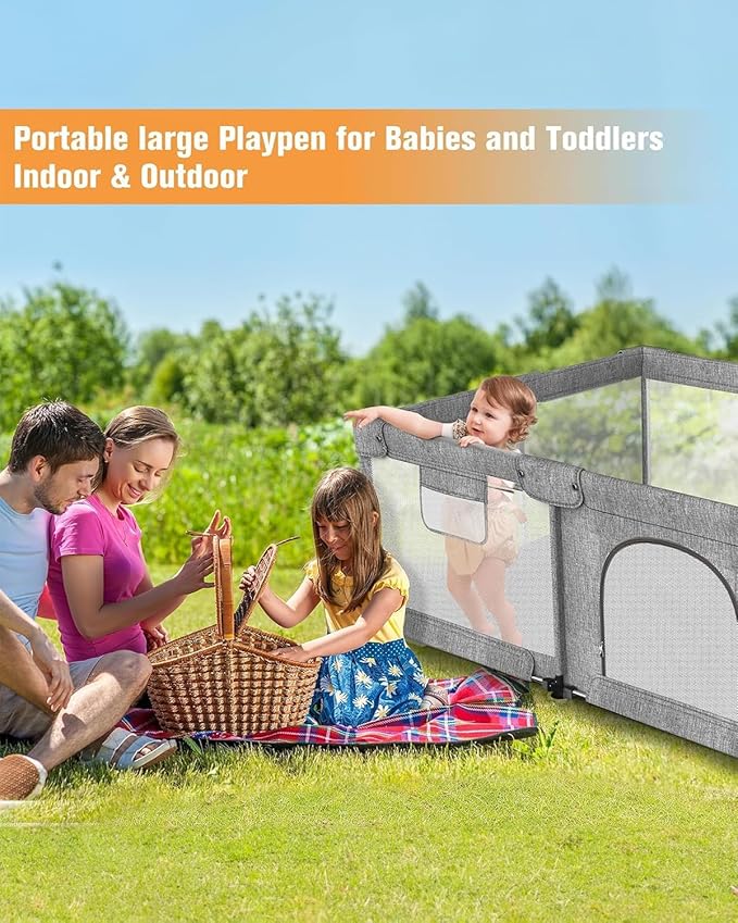 Veraste Foldable Baby Playpen with Gate, Extra Large Collapsible Play Yard for Babies & Toddlers, Portable Travel Playpen, Baby Activity Center for Indoor & Outdoor Use (Grey 51"×51")