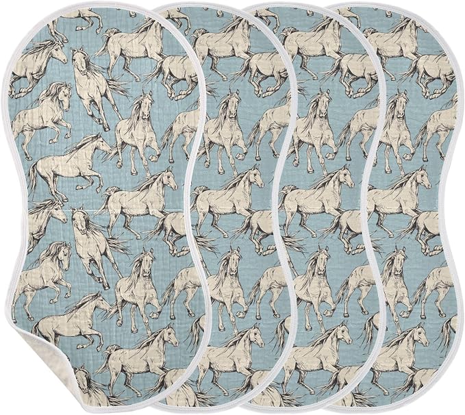Muslin Burp Cloths for Baby Boys and Girls - 4-Pack Ultra Absorbent Beige Horses Muslin Washcloths, Newborn Towel, Milk Spit Up Rags, Burp Cloth Bib for Unisex, 22 x 11 Inch