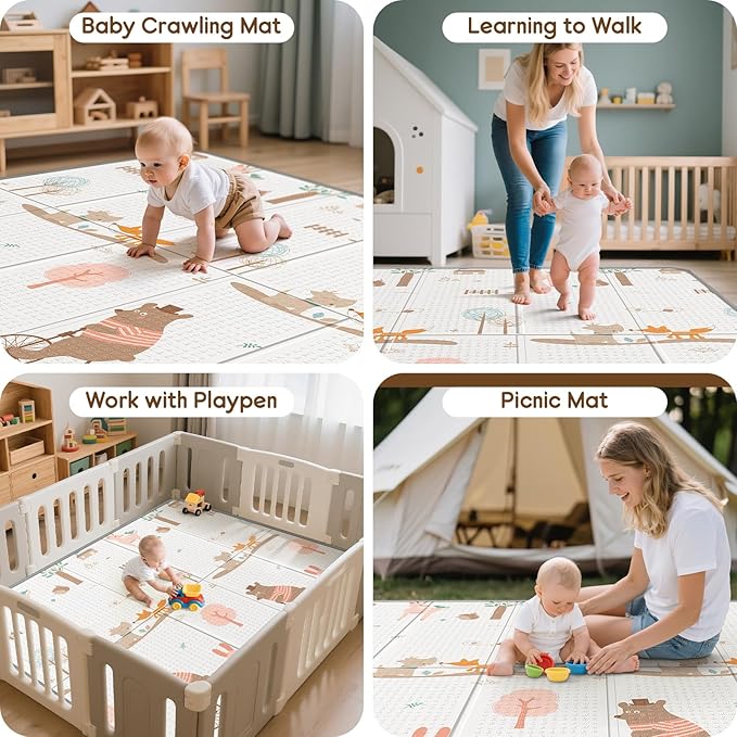 Foldable Baby Play Mat for Floor, PIGLOG 79x71 Extra Large Crawiling Play Mat for Babies, Waterproof & Portable Tummy Time and Non-Toxic Soft Foam Playmat for Infants, Toddlers