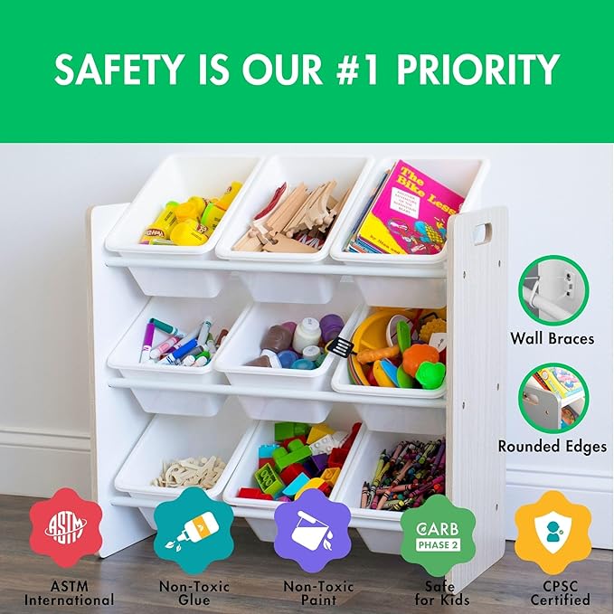 Humble Crew 9-Bin Toy Organizer ??Hampton Sandwashed with White Plastic Bins, 3-Tier Storage Solution for Kids' Playrooms and Nurseries