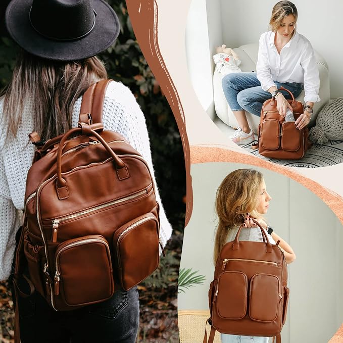 MOMINSIDE Diaper Bag Backpack, Leather Baby Bag with 18 Pockets, Diaper Backpack for Women Mom, Travel Baby Bag for Girl Boy, Large Wet Pocket, 4 Insulated Pockets, Stroller Straps, Brown
