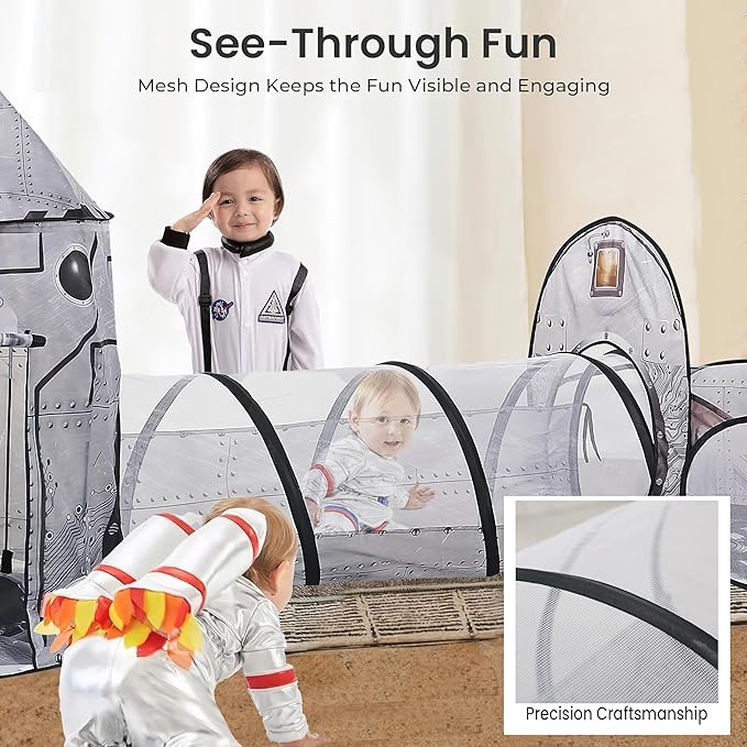 LimitlessFunN 4pc Space Rocket Ship Kids Pop Up Play Tent, Crawl Tunnel, Ball Pit | Includes Star Lights & Carrying Case |, Children Indoor Castle Playhouse for Boys, Toddlers, 47" D x 126" W x 53" H