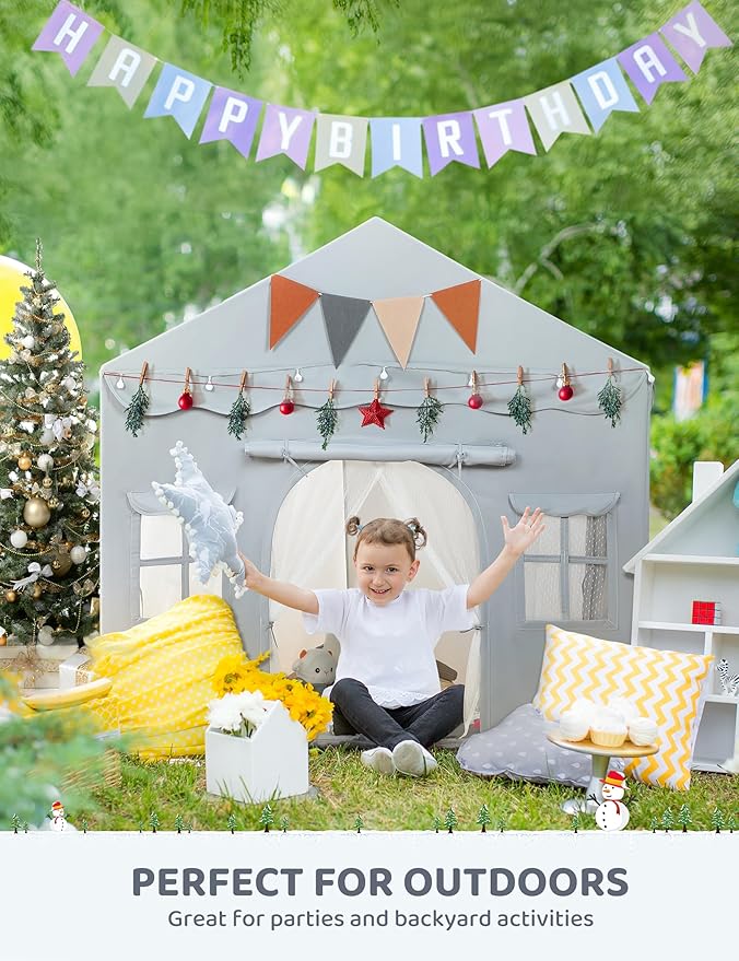 besrey Kids Tent, Kids Play Tent 2 in 1 with Padded Mat and Lights, Large Playhouse with 2 Doors & 4 Windows, Indoor & Outdoor, Halloween Toddler Playhouse, 51" x35" x 51" (Gray)
