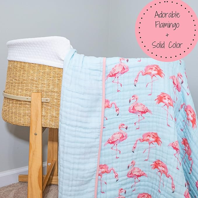 LollyBanks Muslin Baby Blanket, 100% Cotton Muslin Quilt for Girls, 47 x 47 Inches Toddler Blankets, Cozy 6-Layer Newborn Blanket, Soft and Breathable Baby Quilt, Newborn Essentials (Flamingo Print)