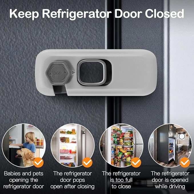 Child Proof Refrigerator Lock for Kids, 2 Pack Baby Safety Fridge Locks for Kids, No Tools Need or Drill Freezer Latch to Keep Door Closed for Residential Garage Fridge or Camper RV Refrigerator, Gray