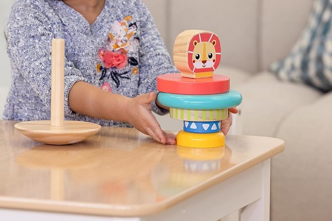 Jasey's Toy Chest Wooden Lion Stacking Rings | 7-Piece Wooden Stacker Toy with Colorful Rings & Lion Topper | Educational Toy for Toddlers Ages 12+ Months