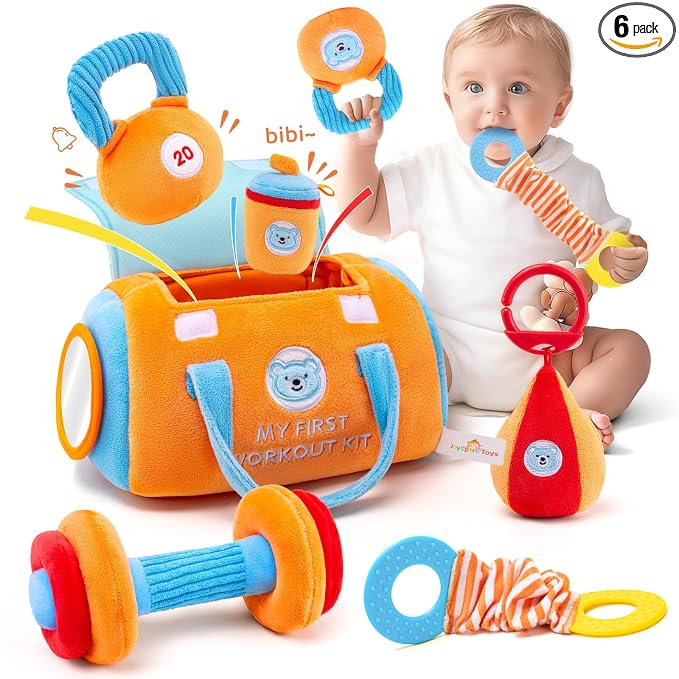 Baby Toys 3-6-12 Months Sensory Toy for Babies Workout Dumbbell Weights Toy Set with Rattles,Crinkle,Mirror & Teether,Montessori Toys for 6 Month Old Infant Baby Girl Boy Gifts