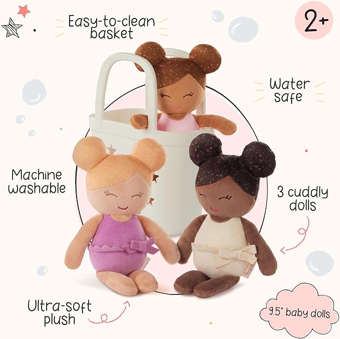LullaBaby ??3 Pieces Set of Soft Plush Dolls for Real Water Play ??Carrying Basket with Cute Star Cutouts ??Pretend Play ??Tub Toys for Kids 2+ Years??Bath Yoy Bundle