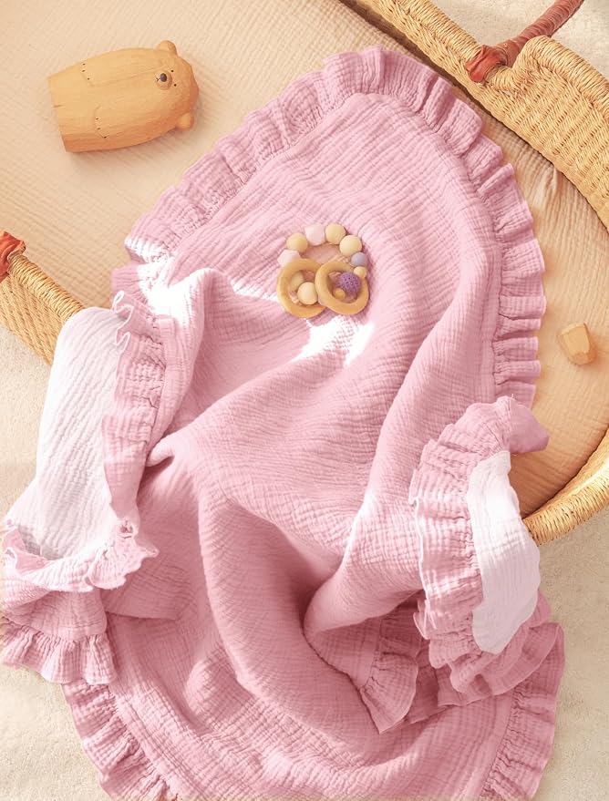 lulumoon Muslin Baby Blanket for Girls: Soft Breathable Cotton Crib Blanket with Ruffle - Lightweight Receiving for Wrap Newborn & Nursery Stroller 40"x36"(Light Pink)