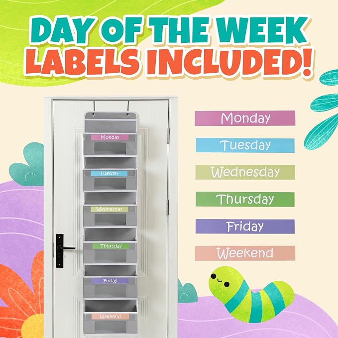 Housables Weekly Clothes Organizer for Kids, Days of the Week Clothes Organizer, Kids Closet, Daily Outfit Storage, Monday through Friday Clothing, Weekday, M-F, School, Hanging, Over Door, 6 Shelf