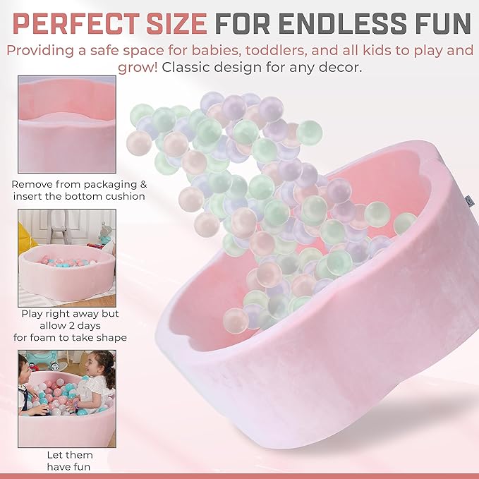 Baby Ball Pit - Premium Velvet Memory Foam Ball Pit for Toddlers 1-3 and Babies - Large Pink Flower Baby Ballpit - Indoor Soft Play Equipment for Kids - Pink - Balls NOT Included