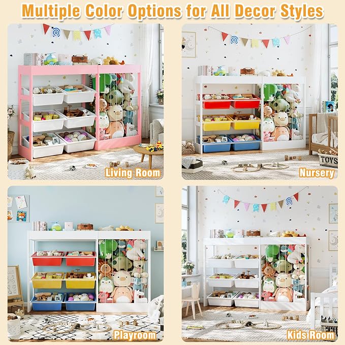 50.6" W Toy Storage, 3-in-1 Large Kids Toy Organizers and Storage with Stuffed Animal Zoo, 6 Removable Plastic Bins, Wooden Toddler Cabinet for Girls Boys Playroom, Nursery, Home Decor(White)