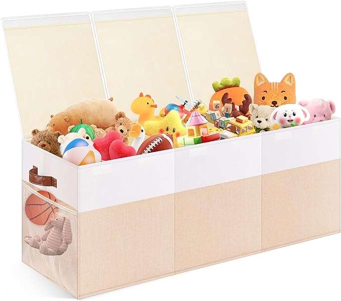 Extra Large Toy Storage Box with Lid, Collapsible Sturdy Toy Chest Storage Organizer Bin Basket with Divider for Kids, Boys, Girls, Closet, Playroom, Bedroom, Nursery, 40"X14"X16", Beige & White
