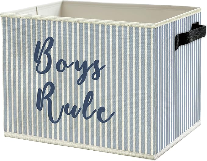 Boy Nursery Storage Bins Box with Handles, Blue Striped Boys Rule Playroom Collapsible Basket Organizer for Kids Toddler Boys Room Bedroom Bathroom Toys Books Clothes