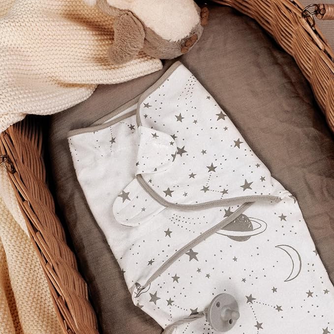 GLLQUEN BABY Organic Newborn Swaddles Sleep Sack, Swaddle Blankets for Baby Boy, 3 Pack Adjustable Wrap Set, Gray Starry Sky & Astronaut, 0-3 Months (Small/Medium)